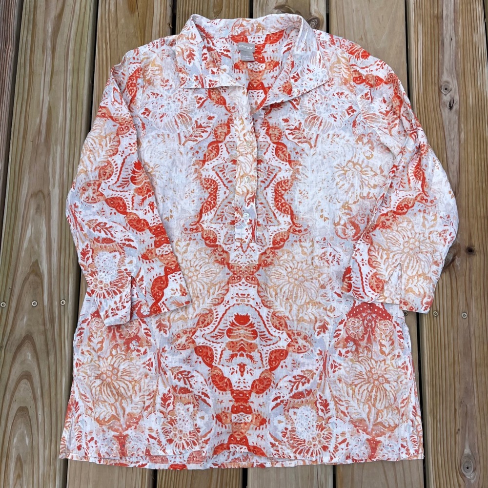 Chico's Blouse 100% Linen Flax Popover Tunic Top Shirt Orange White Size 1 Med